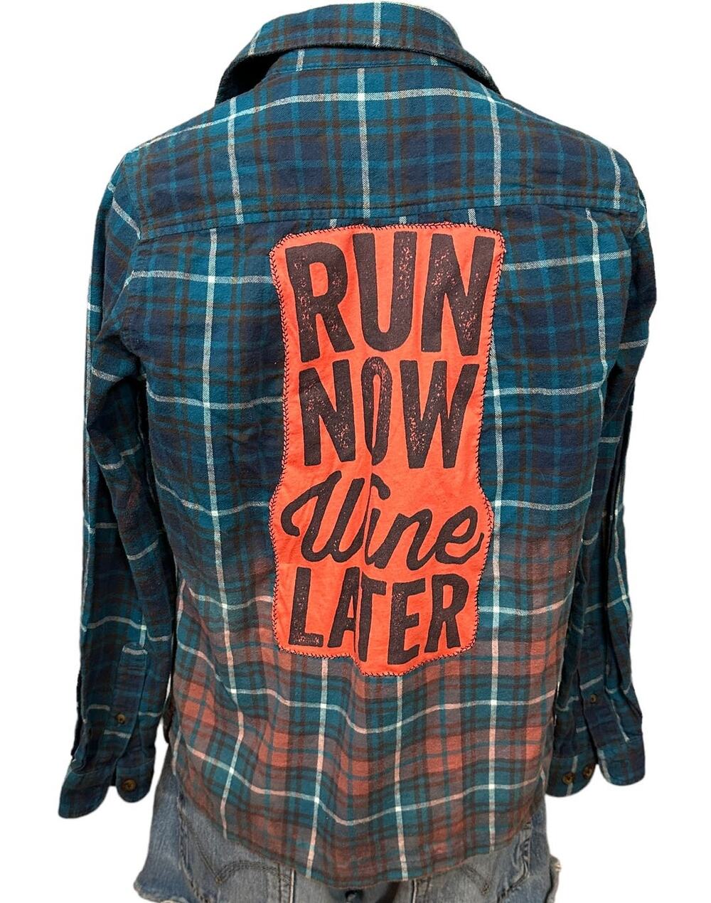 Run Now Wine Later Flannel Plaid Shirt SMALL Shacket Oversize Unique Upcycled